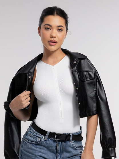 Geribbelde Zip-Front Tank Bodysuit