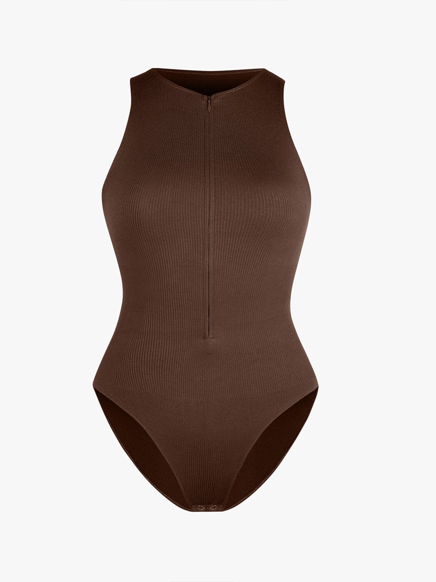 Geribbelde Zip-Front Tank Bodysuit