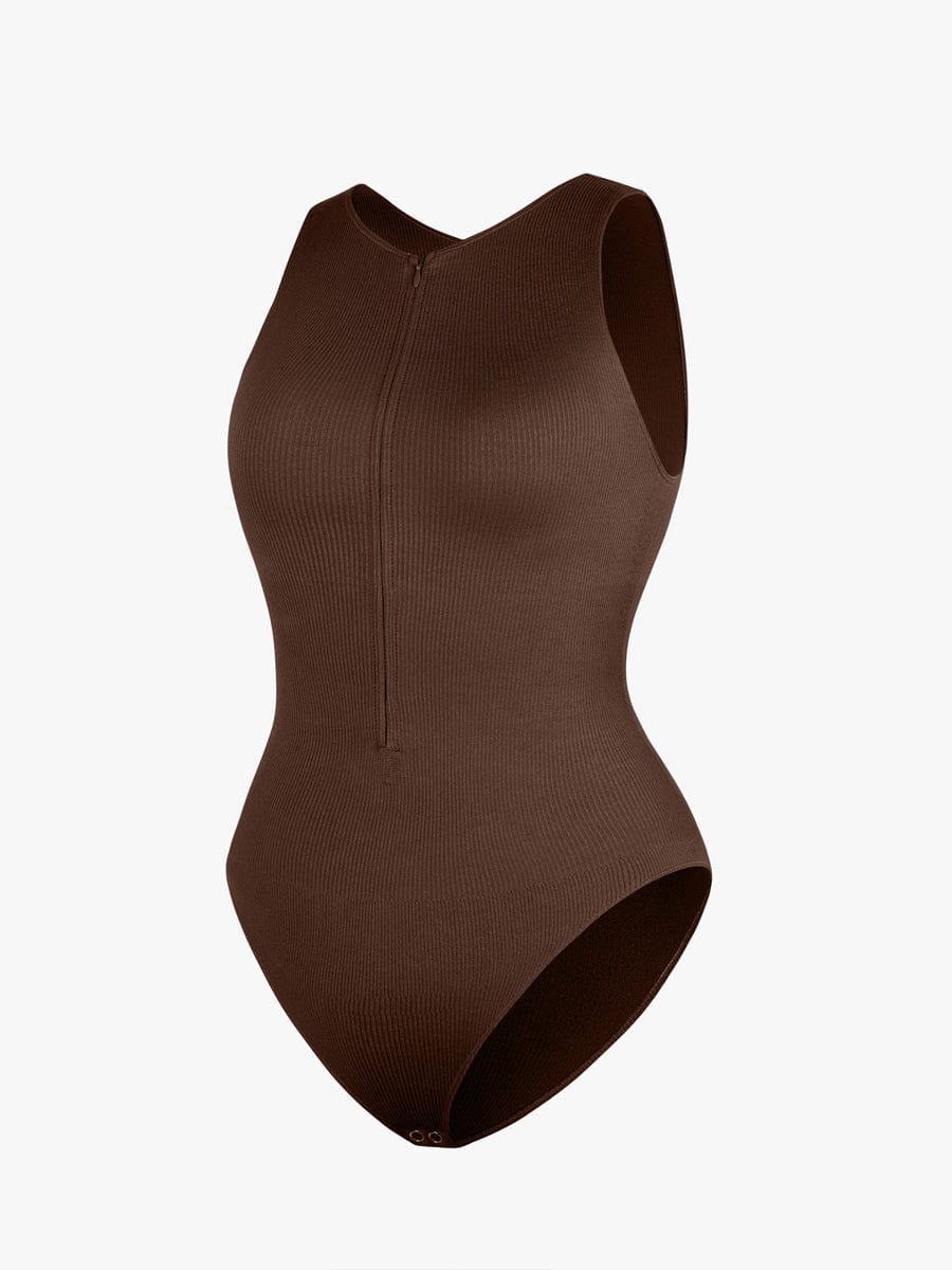 Geribbelde Zip-Front Tank Bodysuit