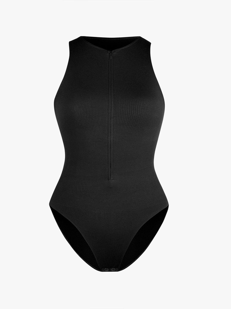 Geribbelde Zip-Front Tank Bodysuit
